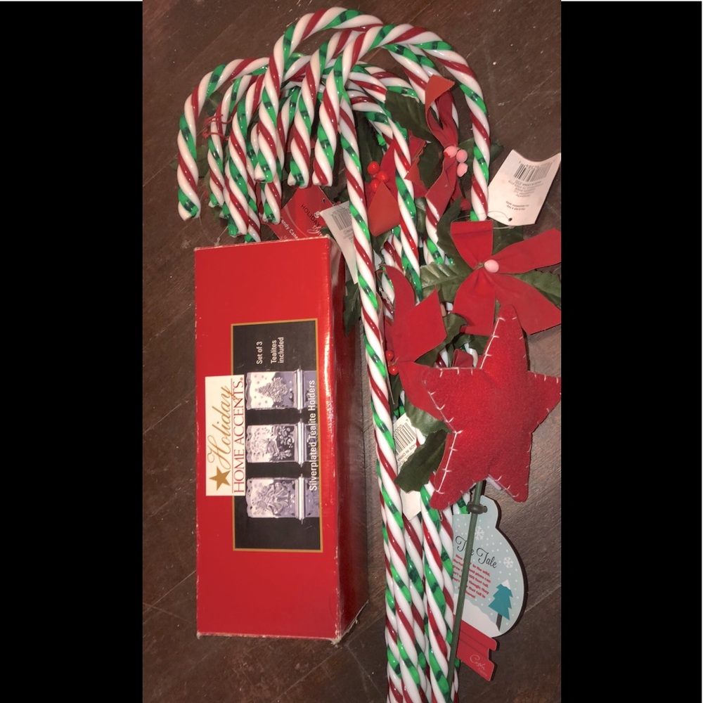 Set of 10 Brand New candy cane Decorations and a set of three Tea light holders